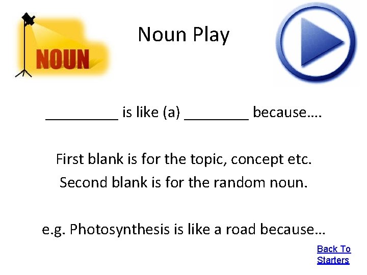 Noun Play _____ is like (a) ____ because…. First blank is for the topic,