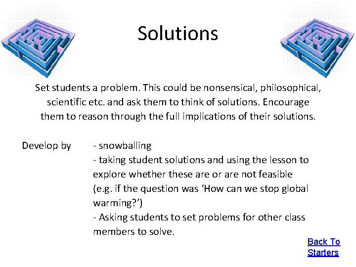 Solutions Set students a problem. This could be nonsensical, philosophical, scientific etc. and ask