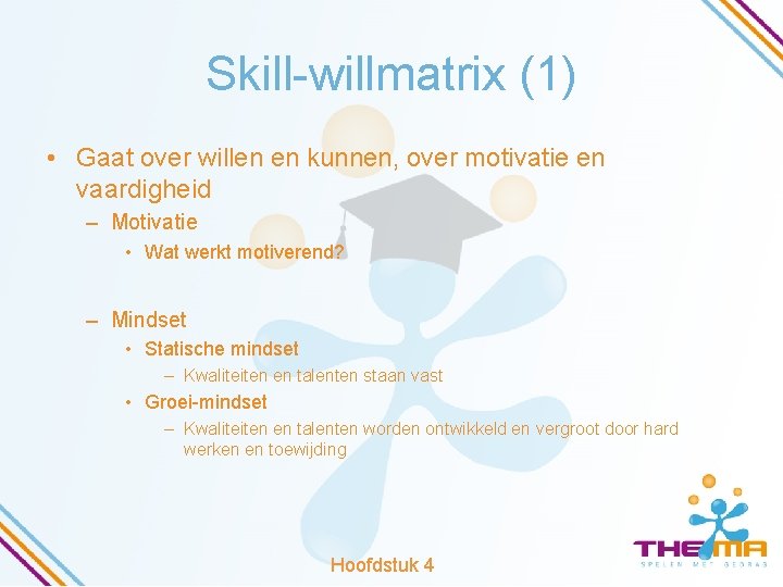 Skill-willmatrix (1) • Gaat over willen en kunnen, over motivatie en vaardigheid – Motivatie