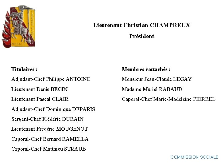 Lieutenant Christian CHAMPREUX Président Titulaires : Membres rattachés : Adjudant-Chef Philippe ANTOINE Monsieur Jean-Claude