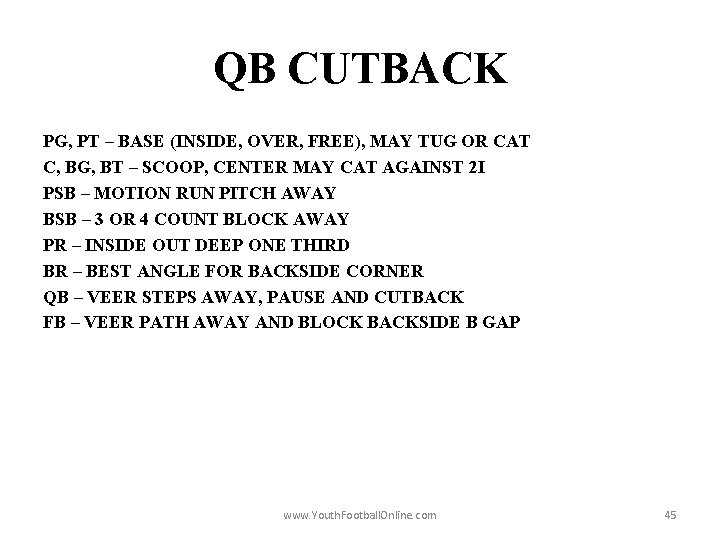 QB CUTBACK PG, PT – BASE (INSIDE, OVER, FREE), MAY TUG OR CAT C,
