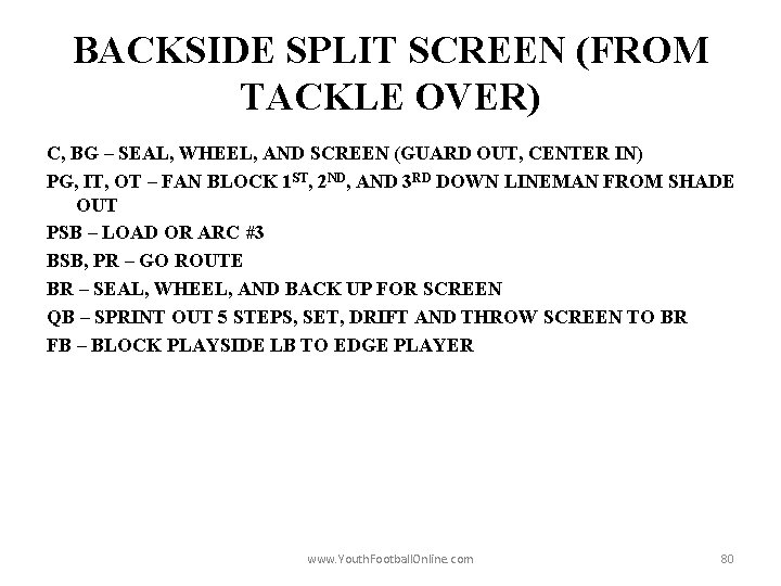 BACKSIDE SPLIT SCREEN (FROM TACKLE OVER) C, BG – SEAL, WHEEL, AND SCREEN (GUARD