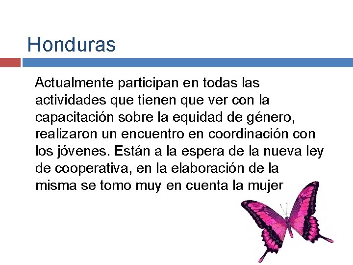 Honduras Actualmente participan en todas las actividades que tienen que ver con la capacitación