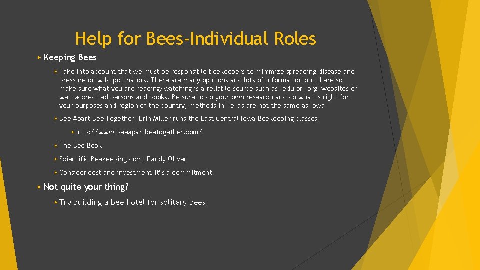 Help for Bees-Individual Roles ▶ Keeping Bees ▶ Take into account that we must