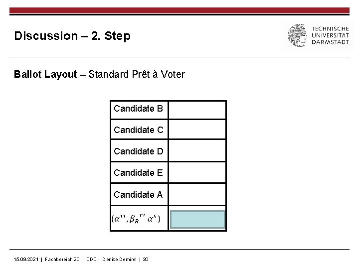 Discussion – 2. Step Ballot Layout – Standard Prêt à Voter Candidate B Candidate