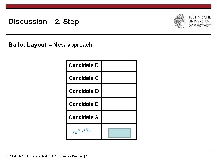 Discussion – 2. Step Ballot Layout – New approach Candidate B Candidate C Candidate