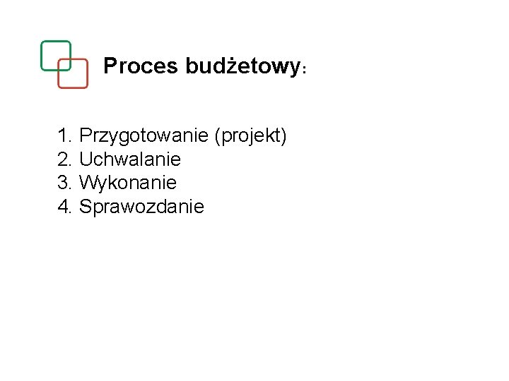 Proces budżetowy: 1. Przygotowanie (projekt) 2. Uchwalanie 3. Wykonanie 4. Sprawozdanie 