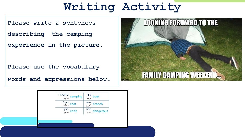 Writing Activity Please write 2 sentences describing the camping experience in the picture. Please