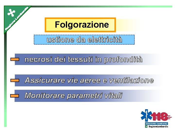 Folgorazione ustione da elettricità necrosi dei tessuti in profondità Assicurare vie aeree e ventilazione