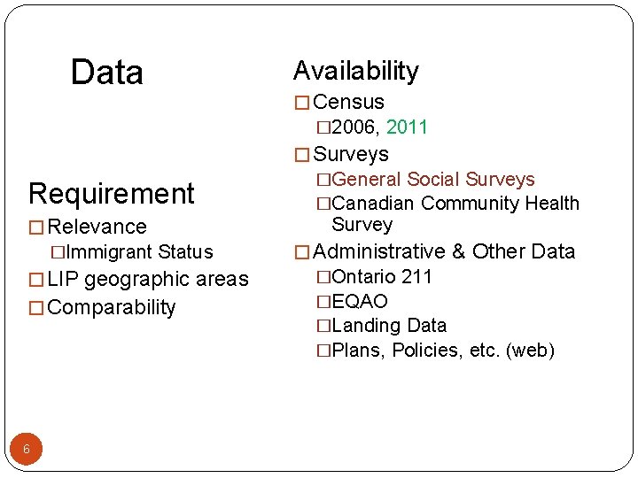 Data Availability � Census � 2006, 2011 � Surveys Requirement � Relevance �Immigrant Status