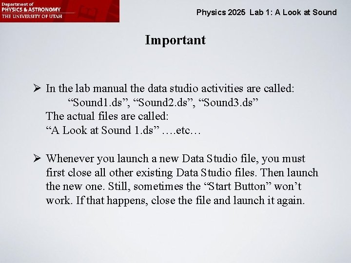 Physics 2025 Lab 1: A Look at Sound Important Ø In the lab manual