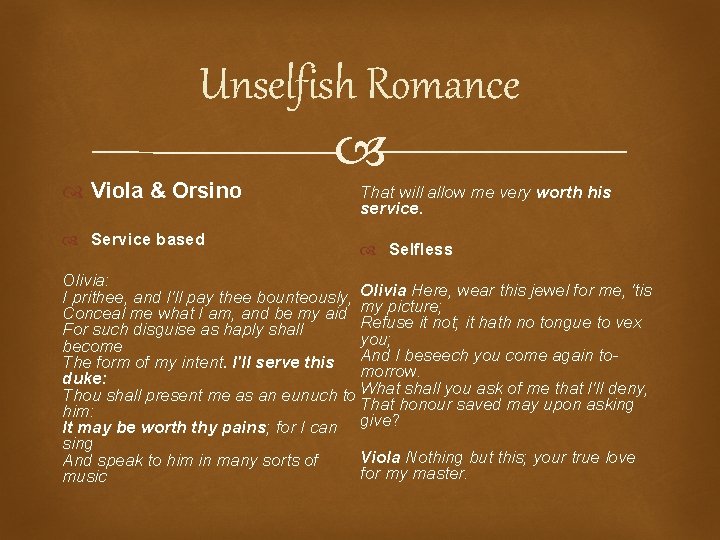 Unselfish Romance Viola & Orsino Service based That will allow me very worth his