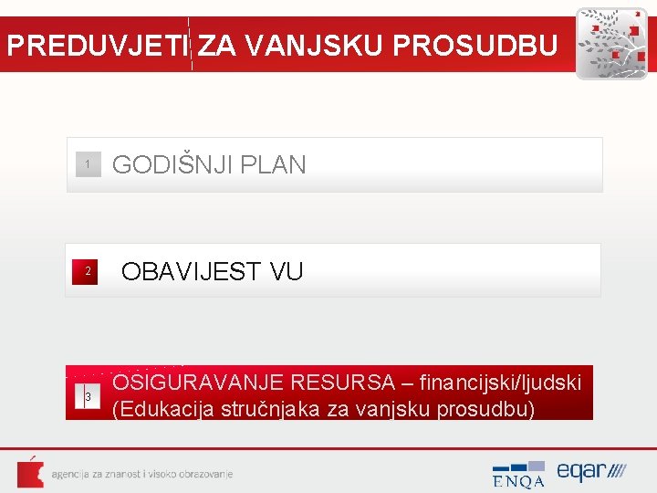 PREDUVJETI ZA VANJSKU PROSUDBU 1 GODIŠNJI PLAN 2 OBAVIJEST VU 3 OSIGURAVANJE RESURSA –