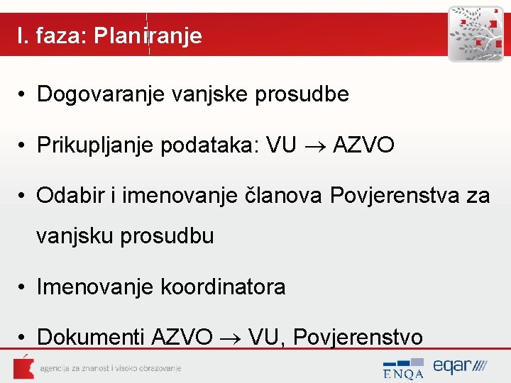 I. faza: Planiranje • Dogovaranje vanjske prosudbe • Prikupljanje podataka: VU AZVO • Odabir