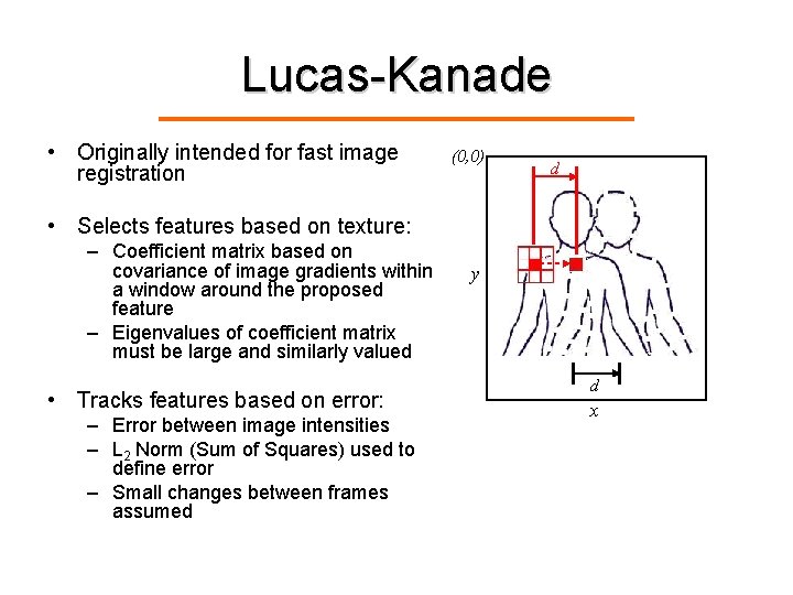 Lucas-Kanade • Originally intended for fast image registration (0, 0) d • Selects features