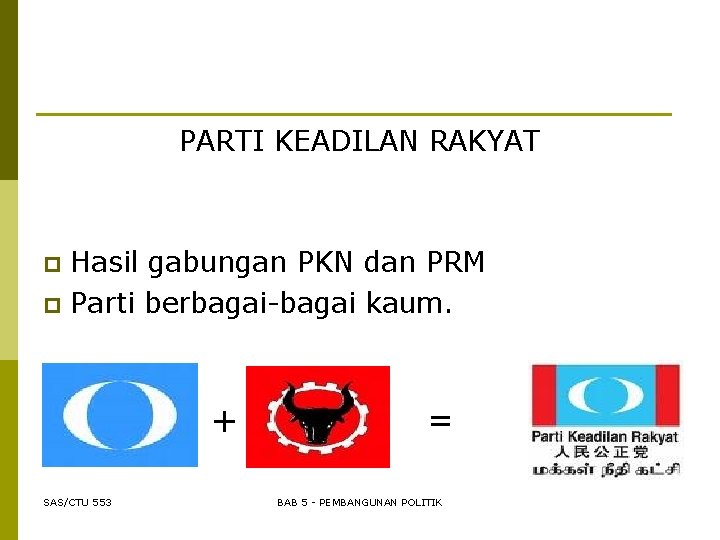 PARTI KEADILAN RAKYAT Hasil gabungan PKN dan PRM p Parti berbagai-bagai kaum. p +