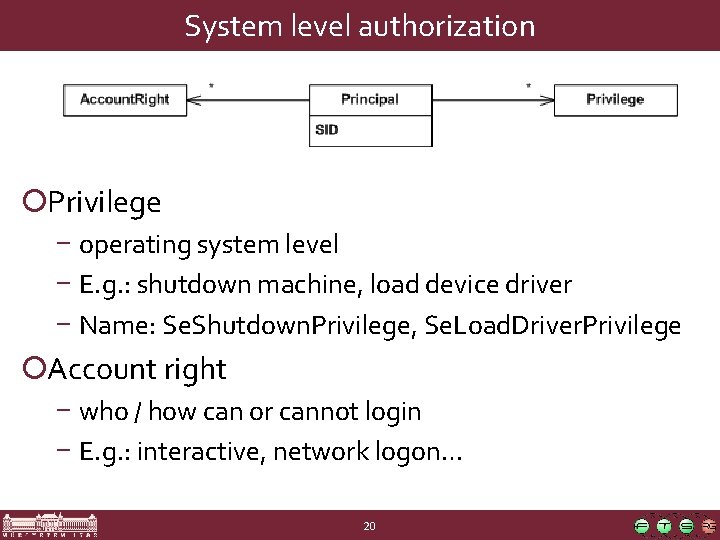 System level authorization ¡Privilege − operating system level − E. g. : shutdown machine,
