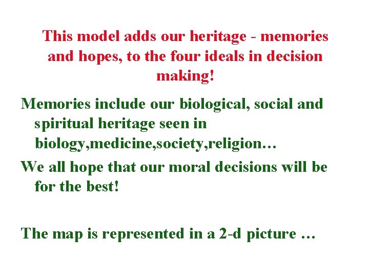 This model adds our heritage - memories and hopes, to the four ideals in