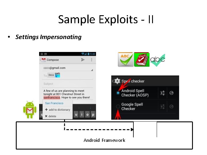 Sample Exploits - II • Settings Impersonating Spell Checker Module Android Framework 