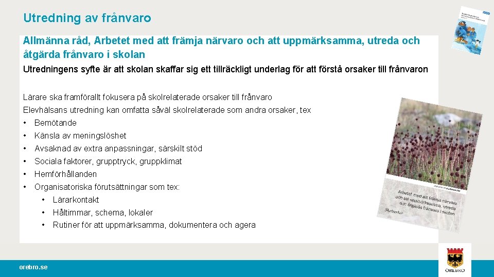 Utredning av frånvaro Allmänna råd, Arbetet med att främja närvaro och att uppmärksamma, utreda