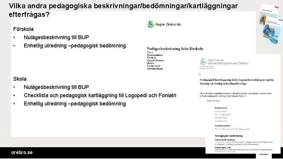 Vilka andra pedagogiska beskrivningar/bedömningar/kartläggningar efterfrågas? Förskola • Nulägesbeskrivning till BUP • Enhetlig utredning –pedagogisk