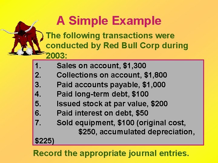 A Simple Example The following transactions were conducted by Red Bull Corp during 2003: