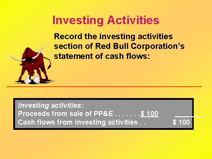 Investing Activities Record the investing activities section of Red Bull Corporation’s statement of cash
