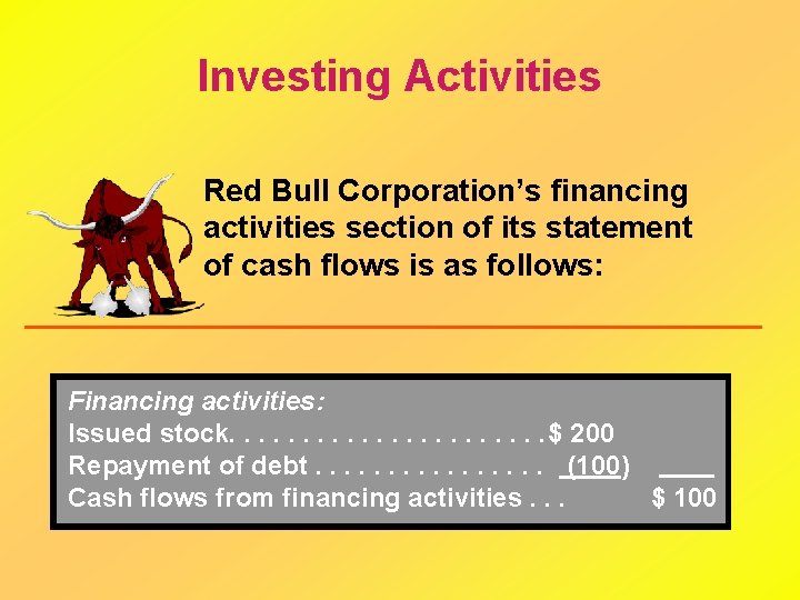 Investing Activities Red Bull Corporation’s financing activities section of its statement of cash flows