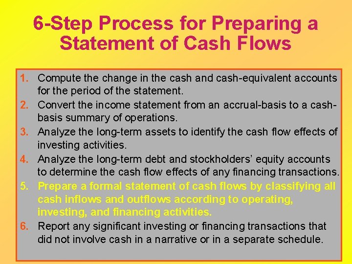 6 -Step Process for Preparing a Statement of Cash Flows 1. Compute the change