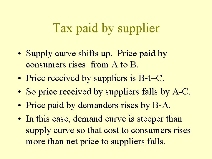 Tax paid by supplier • Supply curve shifts up. Price paid by consumers rises