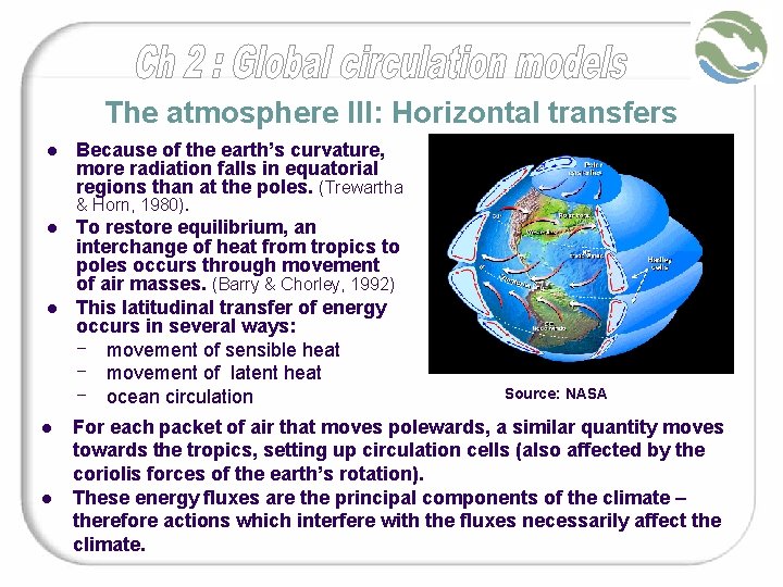 The atmosphere III: Horizontal transfers l Because of the earth’s curvature, more radiation falls