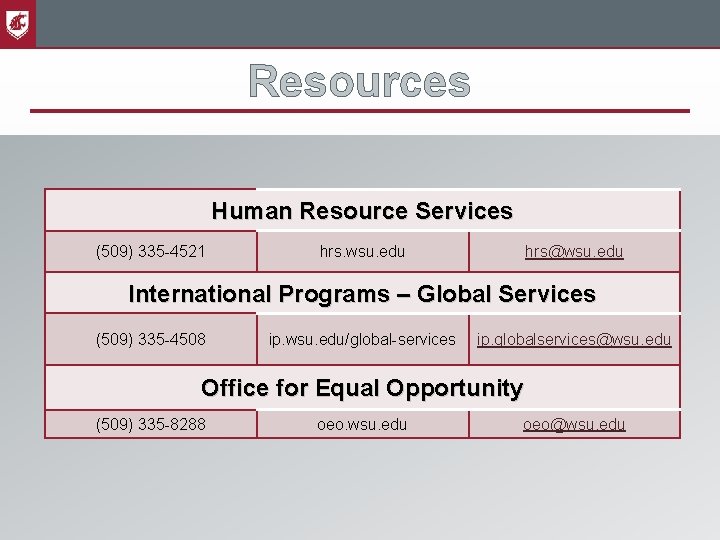 Resources Human Resource Services (509) 335 -4521 hrs. wsu. edu hrs@wsu. edu International Programs