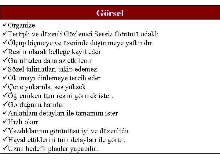 Görsel üOrganize üTertipli ve düzenli Gözlemci Sessiz Görüntü odaklı üÖlçüp biçmeye ve üzerinde düşünmeye