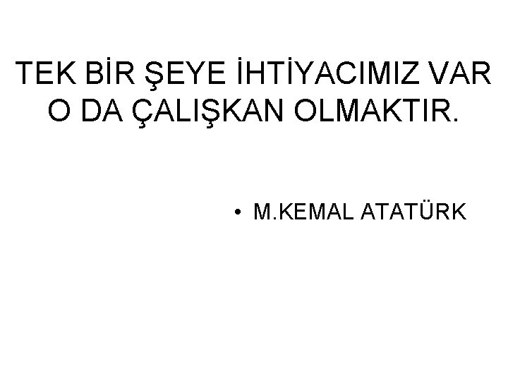 TEK BİR ŞEYE İHTİYACIMIZ VAR O DA ÇALIŞKAN OLMAKTIR. • M. KEMAL ATATÜRK 