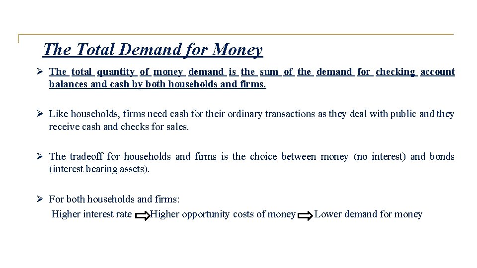 The Total Demand for Money Ø The total quantity of money demand is the