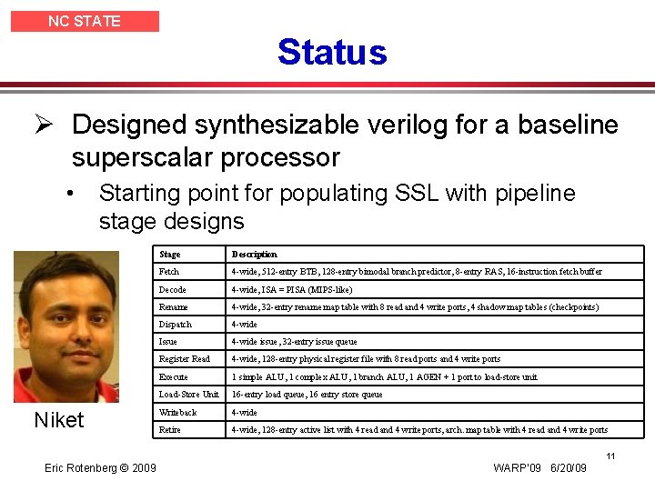 NC STATE UNIVERSITY Status Ø Designed synthesizable verilog for a baseline superscalar processor •