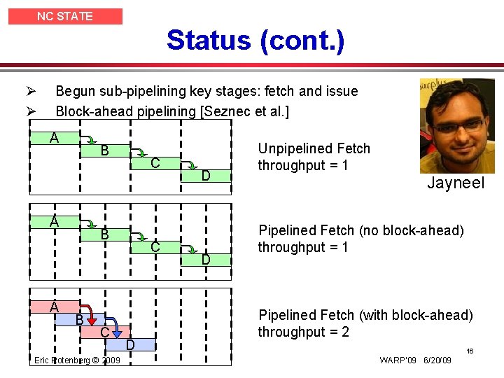 NC STATE UNIVERSITY Ø Ø Status (cont. ) Begun sub-pipelining key stages: fetch and