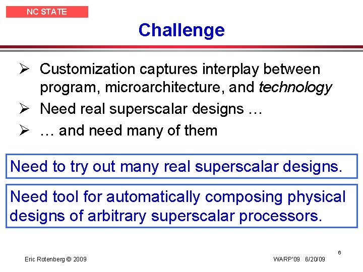 NC STATE UNIVERSITY Challenge Ø Customization captures interplay between program, microarchitecture, and technology Ø