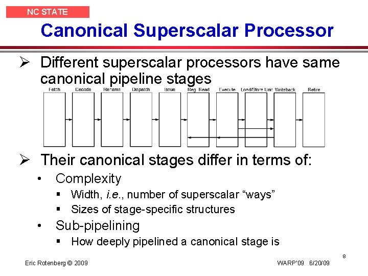 NC STATE UNIVERSITY Canonical Superscalar Processor Ø Different superscalar processors have same canonical pipeline