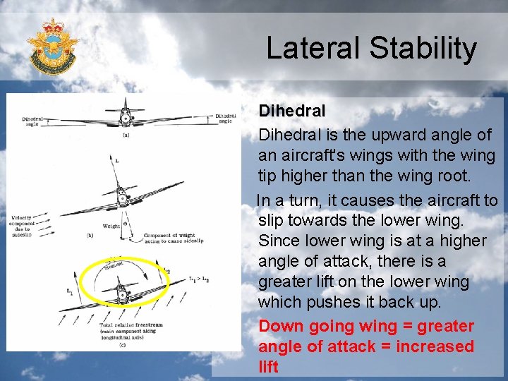 Lateral Stability Dihedral is the upward angle of an aircraft's wings with the wing Lateral Stability Dihedral is the upward angle of an aircraft's wings with the wing