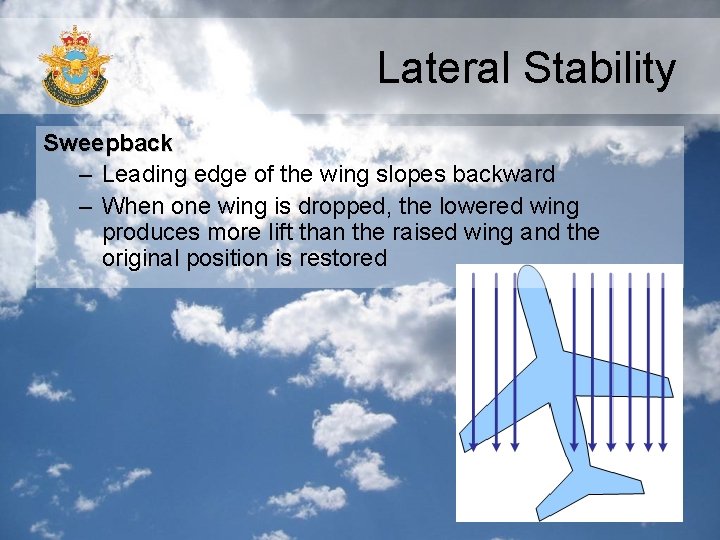 Lateral Stability Sweepback – Leading edge of the wing slopes backward – When one Lateral Stability Sweepback – Leading edge of the wing slopes backward – When one