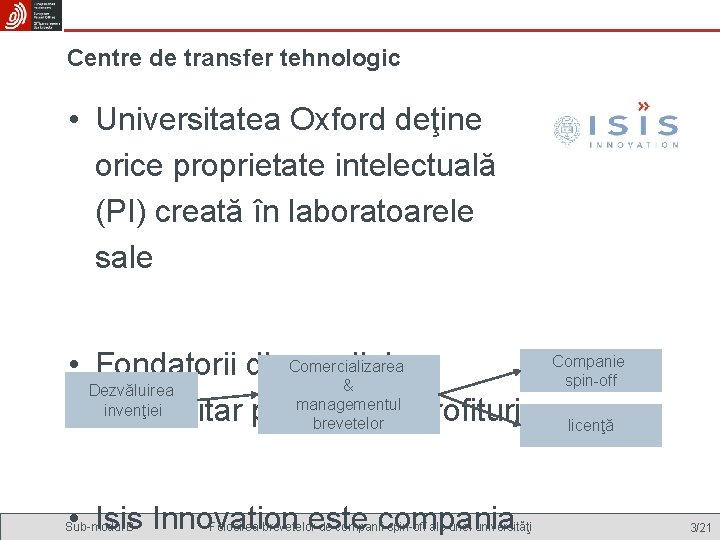Centre de transfer tehnologic • Universitatea Oxford deţine orice proprietate intelectuală (PI) creată în