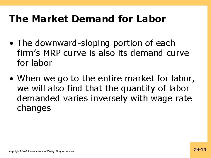 The Market Demand for Labor • The downward-sloping portion of each firm’s MRP curve