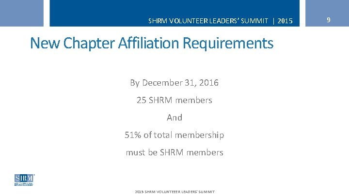 SHRM VOLUNTEER LEADERS’ SUMMIT | 2015 New Chapter Affiliation Requirements By December 31, 2016