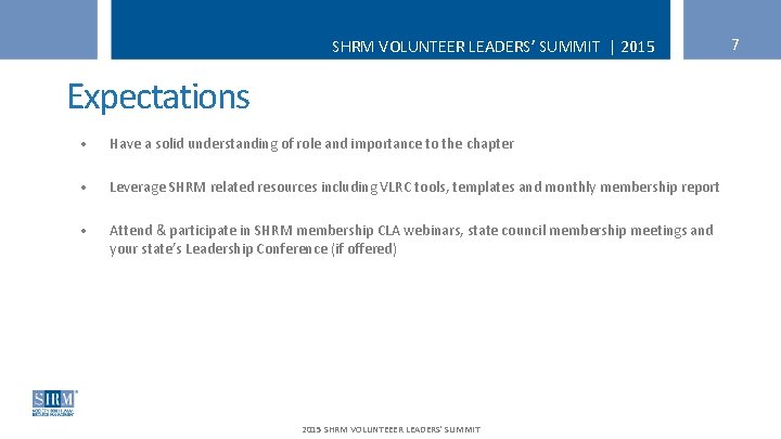 SHRM VOLUNTEER LEADERS’ SUMMIT | 2015 Expectations • Have a solid understanding of role