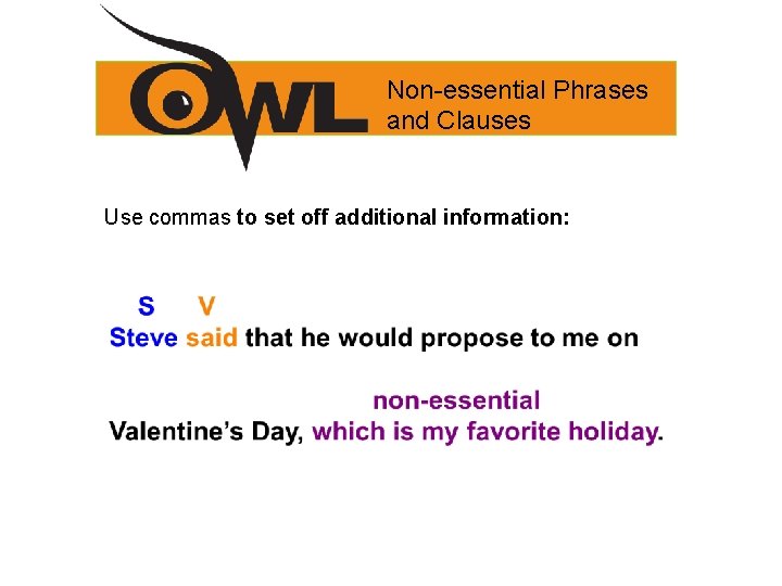Non-essential Phrases and Clauses Use commas to set off additional information: 