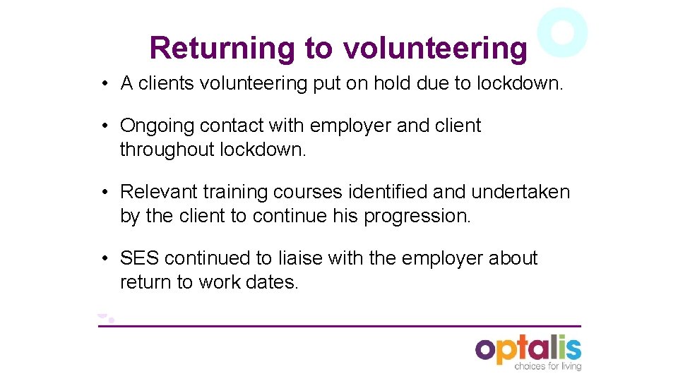 Returning to volunteering • A clients volunteering put on hold due to lockdown. •