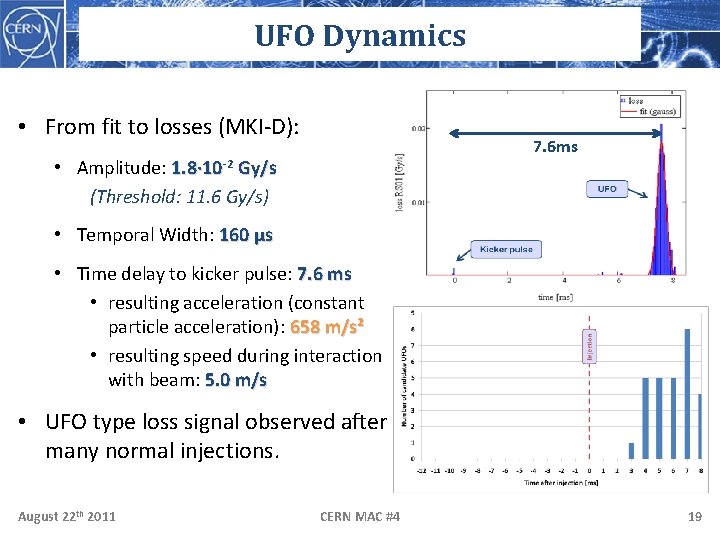 UFO Dynamics • From fit to losses (MKI-D): 7. 6 ms 1. 8∙ 10