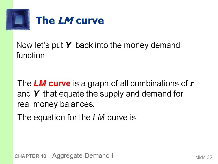 The LM curve Now let’s put Y back into the money demand function: The