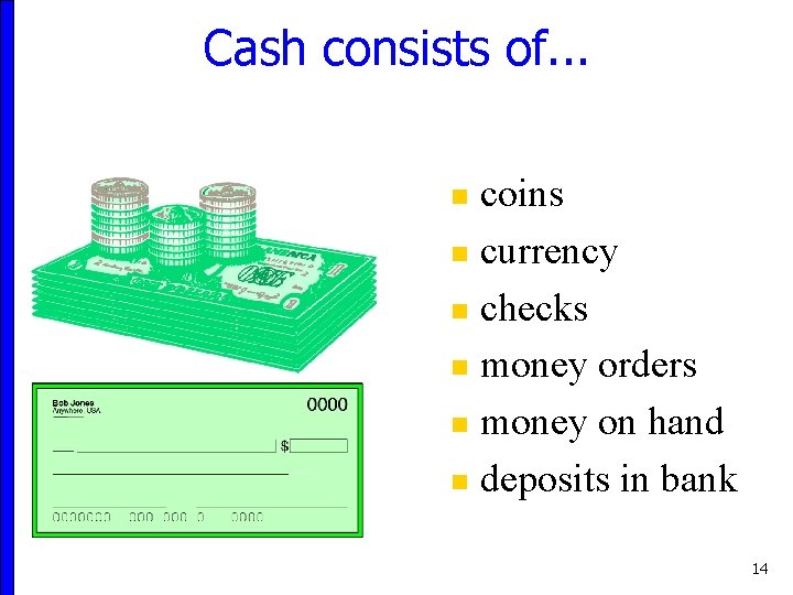Cash consists of. . . coins n currency n checks n money orders n